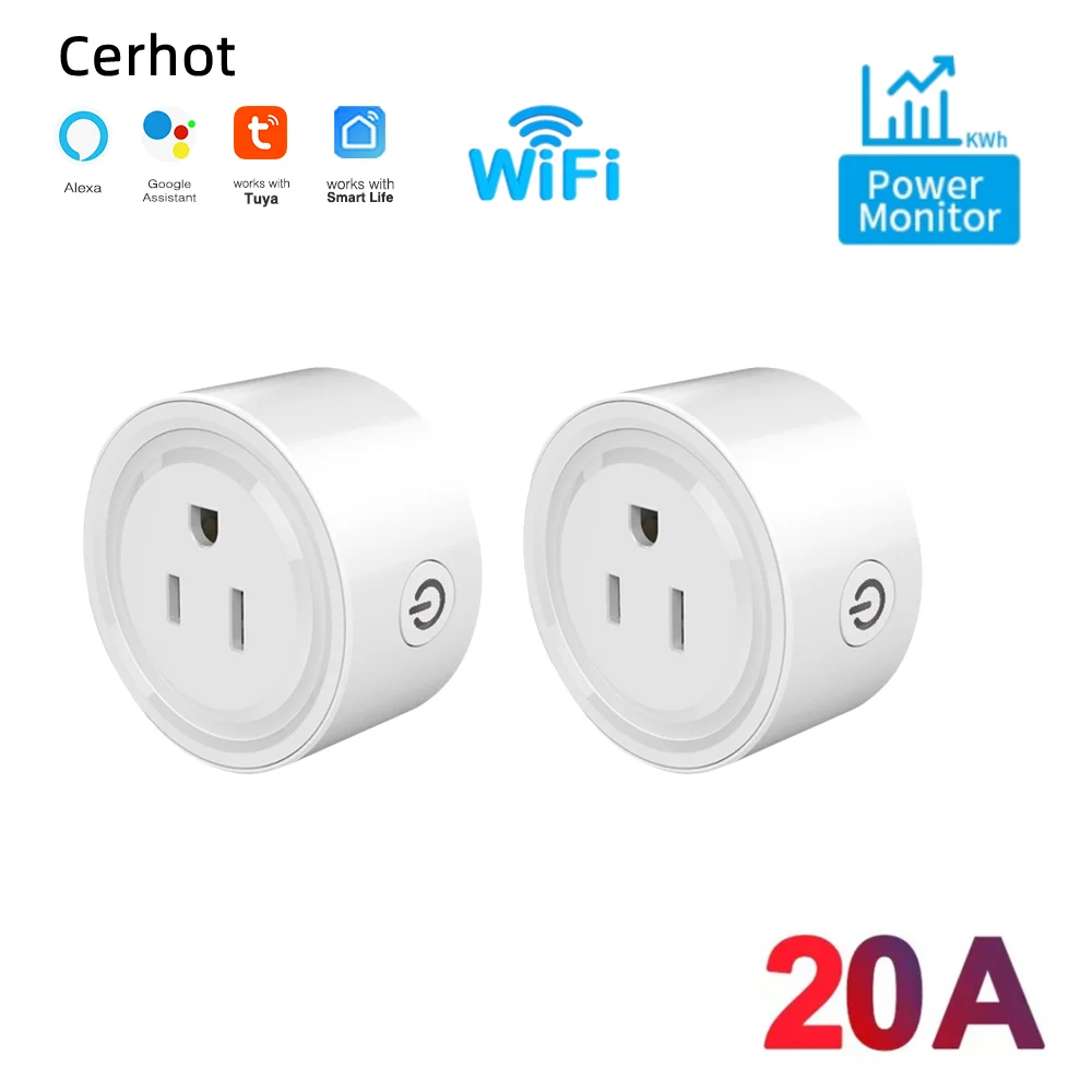 Cerhot Tuya WiFi Smart Plug US 20/16/10A with Power Monitor Remote Control Google Assistant Alexa Yandex Alice Voice Control