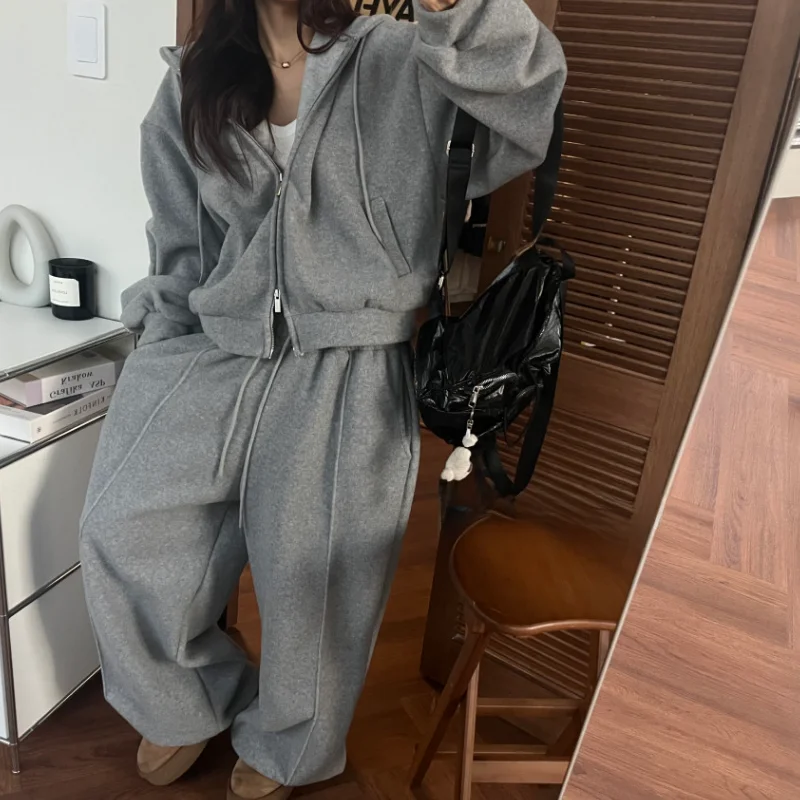 Korean Sle Double Zipper Fluffy Hoodie Jaet Women's Dstring Trousers Autumn Winter Two-Piece Set Soft Comfortable Swea...