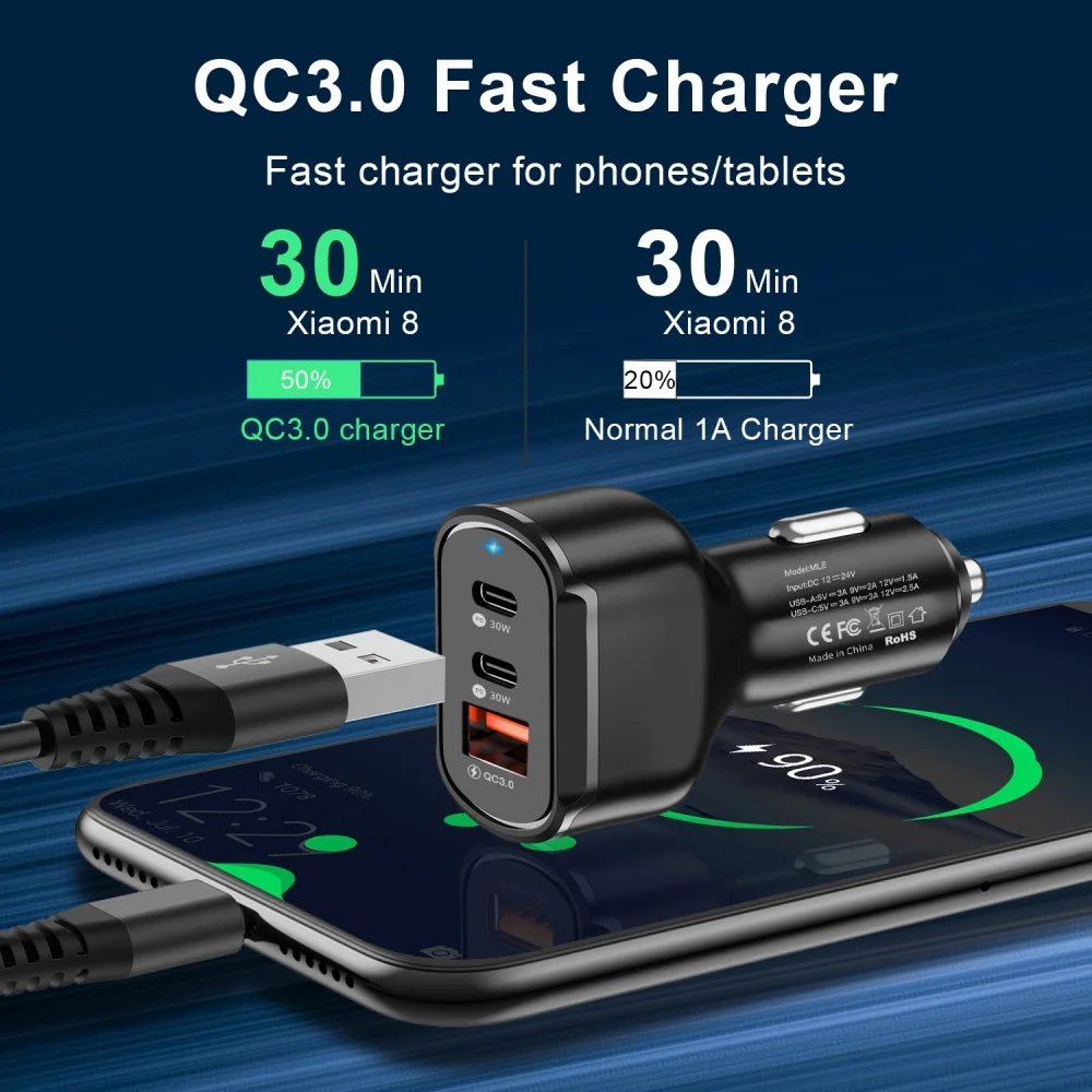 30W 3-portowa ładowarka samochodowa USB Szybkie ładowanie Ładowarka do telefonu iPhone Samsung Xiaomi Quick Charge 3.0 Przenośny zasilacz w