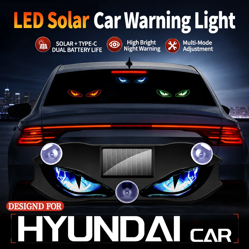 Fits For Hyundai Car Mounted LED Devil Eye Blinking Light Vibration Sensor Wireless Dynamic Anti Rear End Collision Solar light
