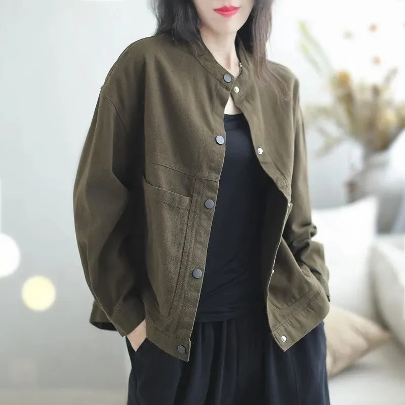 

Pure Cotton Solid Color Jacket For Women's 2024 Autumn New Retro Loose Versatile Fashion Large Pocket Casual Coat Top Female