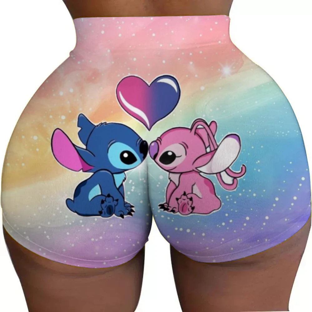 Custom SLilo And Stitch Cartoon Gym Biker Running Shorts Women's Anime Workout Yoga Shorts