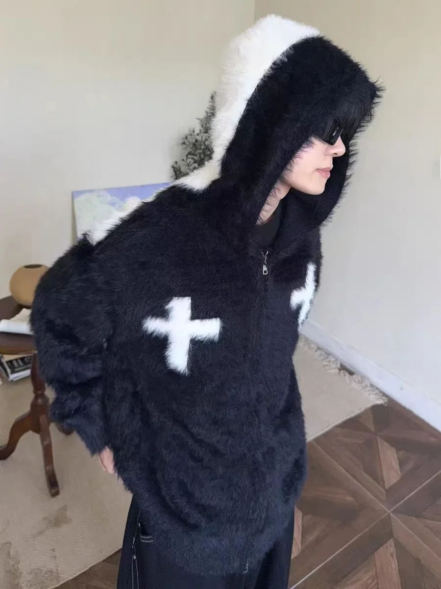 

Ретро американский вязаный открытый кардиган с вышивкой крестиком, мужской свободный крой, модный свитер, повседневный зимний сарафан для молодежи