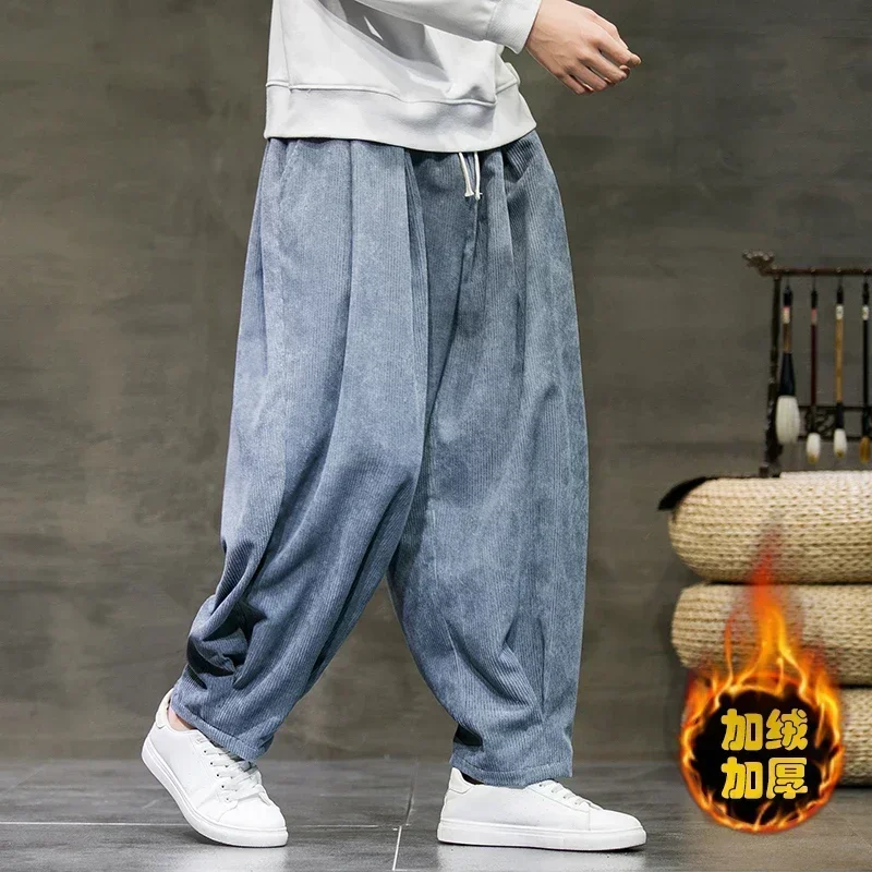 Winter Corduroy Pants Men\'s New Fashion Solid Color Fleece Thickened Oversized Harem Sweatpants Winter Women\'s Warm Casual Pants