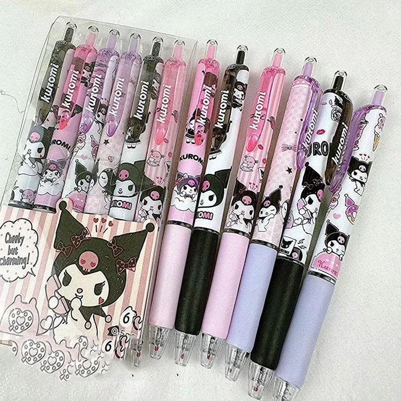 Sanrio Hello Kitty 6pcs Series Gel Pen 0.55mm Refill Y2k Cinnamoroll Kuromi MelodyCartoon Press Pen Black Stationery Supplies