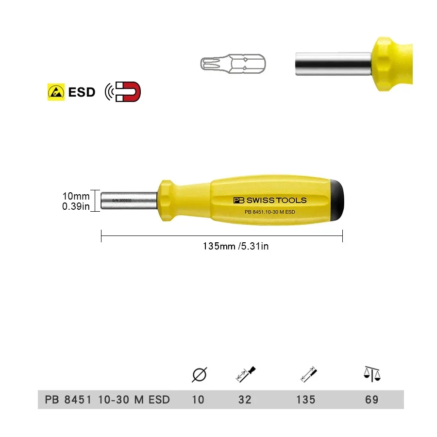 PB 8451 10-30 M ESD SWISS TOOLS Swiss Grip Screwdriver Handle with Magnet ESD 135mm   tool