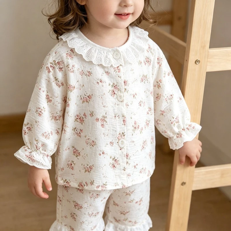 Kinder Mädchen Hauskleidung Sets Lose Dünne Kinder-Pyjamas Spitze Blumenmuster Prinzessin Langarm-Oberteil+Hose 2-teiliges Set Mädchenbekleidung – Detail 7