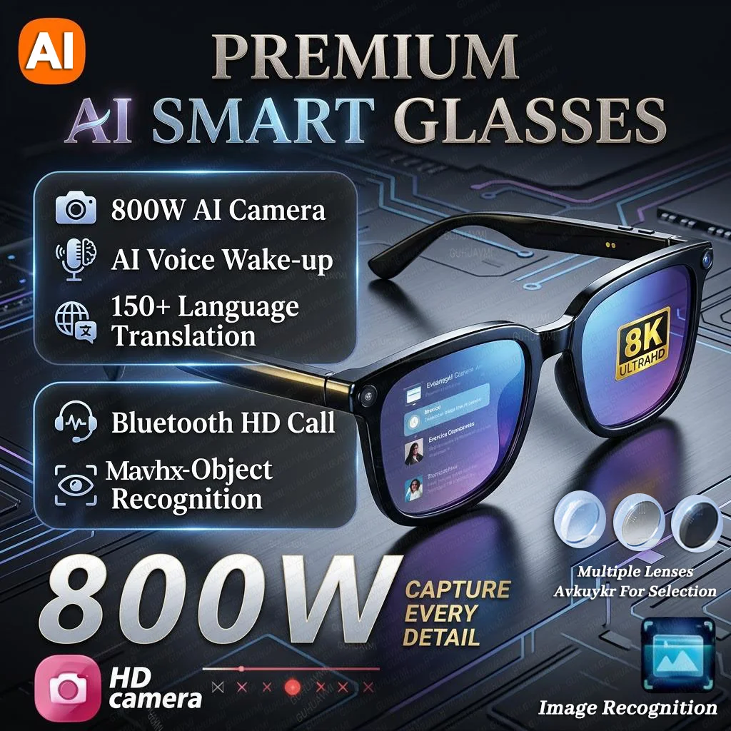 

2026 Smart AI Glasses 800W Pixel HD Camera 1080P Shooting Video AI ChatGPT 16GB 150+Translation Bluetooth Music POV Sunglasses