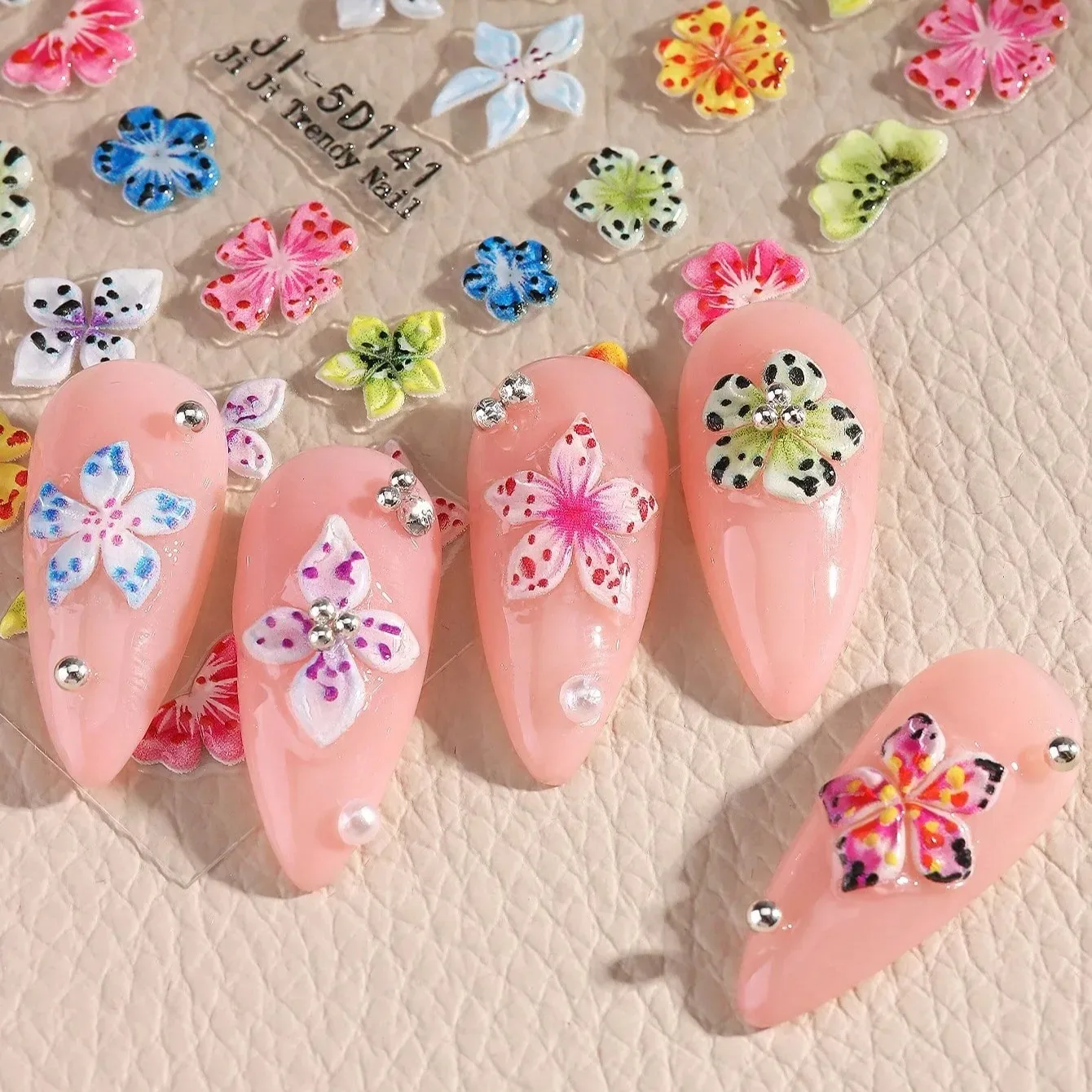 5D Summer Pink Frangipani Hibiscus Nail Embossed Stickers 5-Petal Floral Starfish Decals DIY Tropical Manicure Sliders for Creat