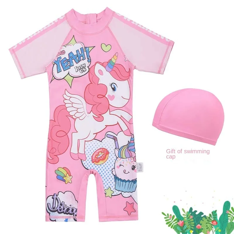 Kids Swim Wear Wet suit shirt  Sleeve 1pieces Suit Cute Rabbit Diving Snorkeling Swimming Jumpsuit Dive Swimwear Girl With Cap