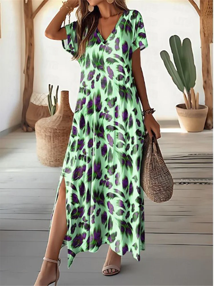 Feather Printed Slit Maxi Dress Women's Round Neck Short Sleeved Casual T-Shirt A-Line Dresses Robe