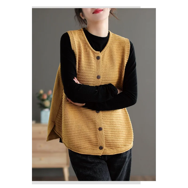 Damska, nowa, szyta kamizelka z okrągłym dekoltem, zapinana na guziki, modna, w jednolitym kolorze, luźna, uniwersalna, dzianinowa bluzka bez rękawów.