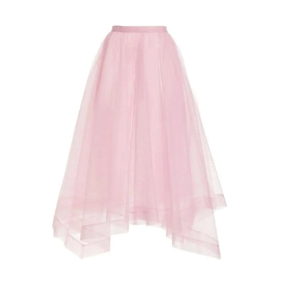 Newest Pink Net Asymmetrical Tulle Midi Skirts Fashion See Thru Women Maxi Skirts Color Size Free Handmade Female Skirt