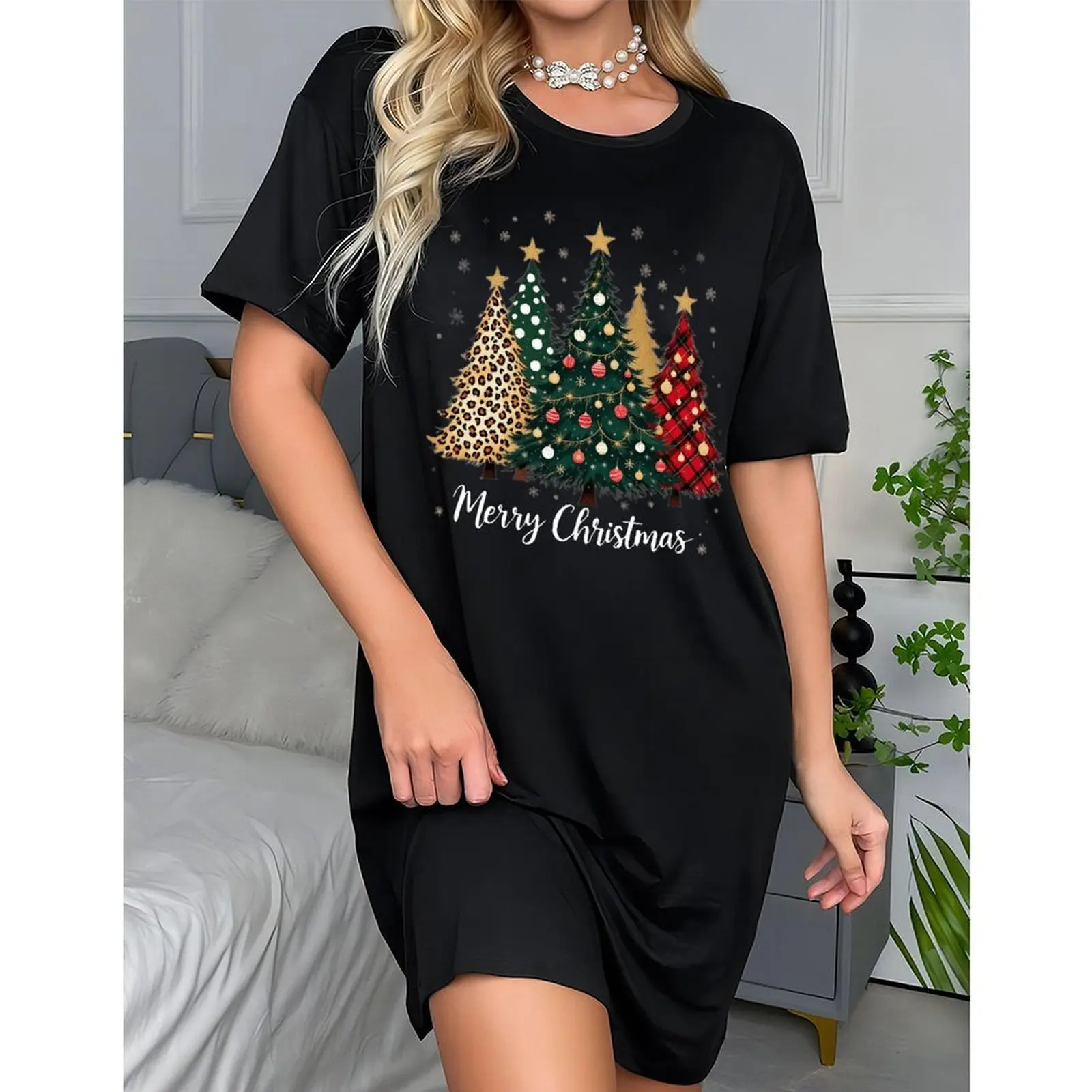 

2025 Summer Tops For Woman Short Sleeve Oversized Fashionable Casual Christmas Tree Print T-Shirts Tees Y2k Clothes