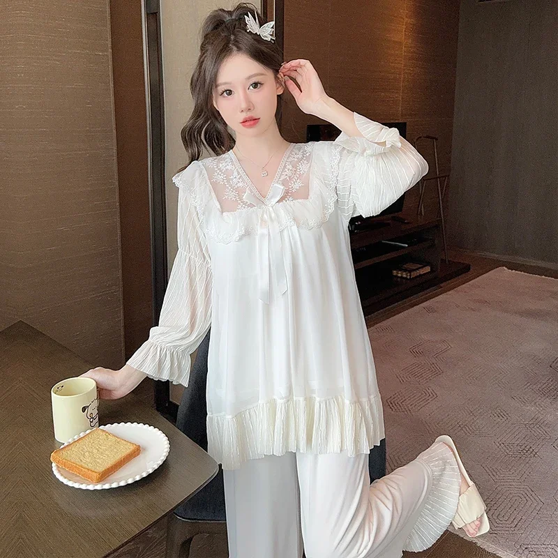 White Pajama Sets Women Padded Sleepwear Home Gentle Spring Autumn Lace Design Aesthetic Korean Fashion Lounge Casual Females