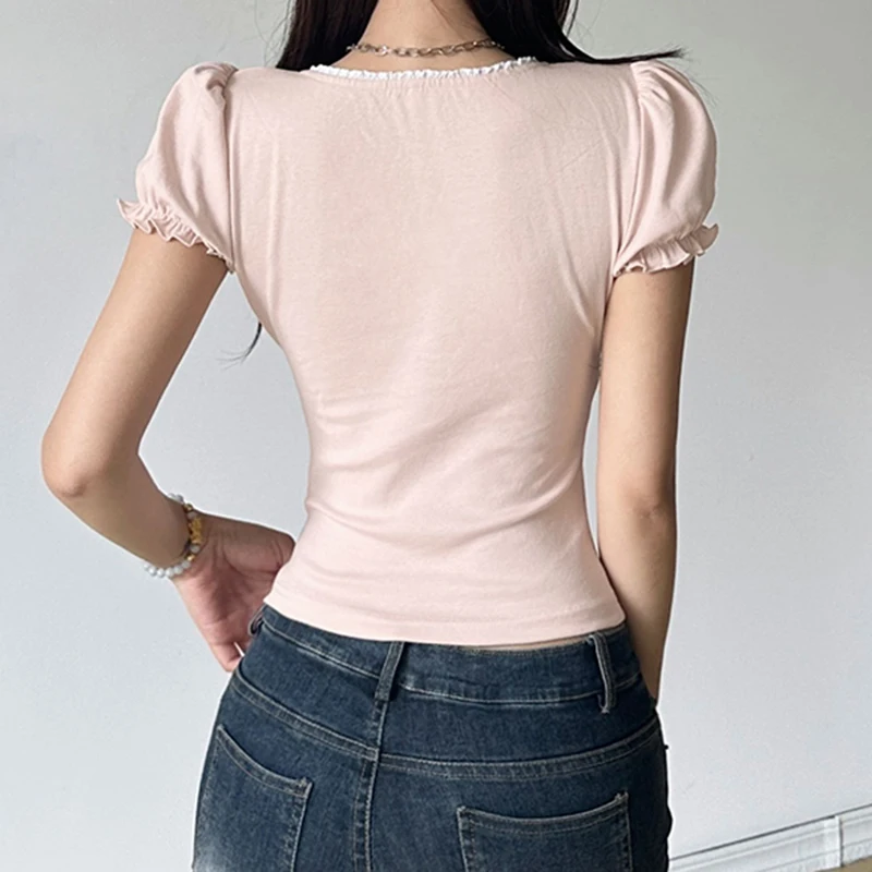 IAMHOTTY Sweet Button-up Top Women\'s Summer Cute Slim-fitting Contrast Lace Stitching Bow Square Collar T-shirts Y2K Korean Tees