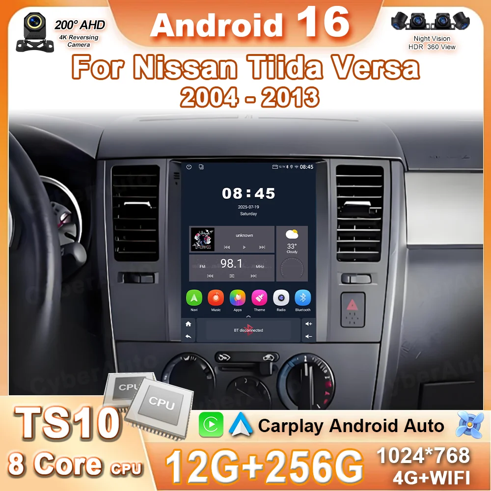 Radio para Auto con Pantalla Vertical de 9.7 Pulgadas, Android 16, Carplay Inalámbrico, GPS, Reproductor Multimedia, Estéreo para Auto, para Nissan Tiida Versa 2004-2013