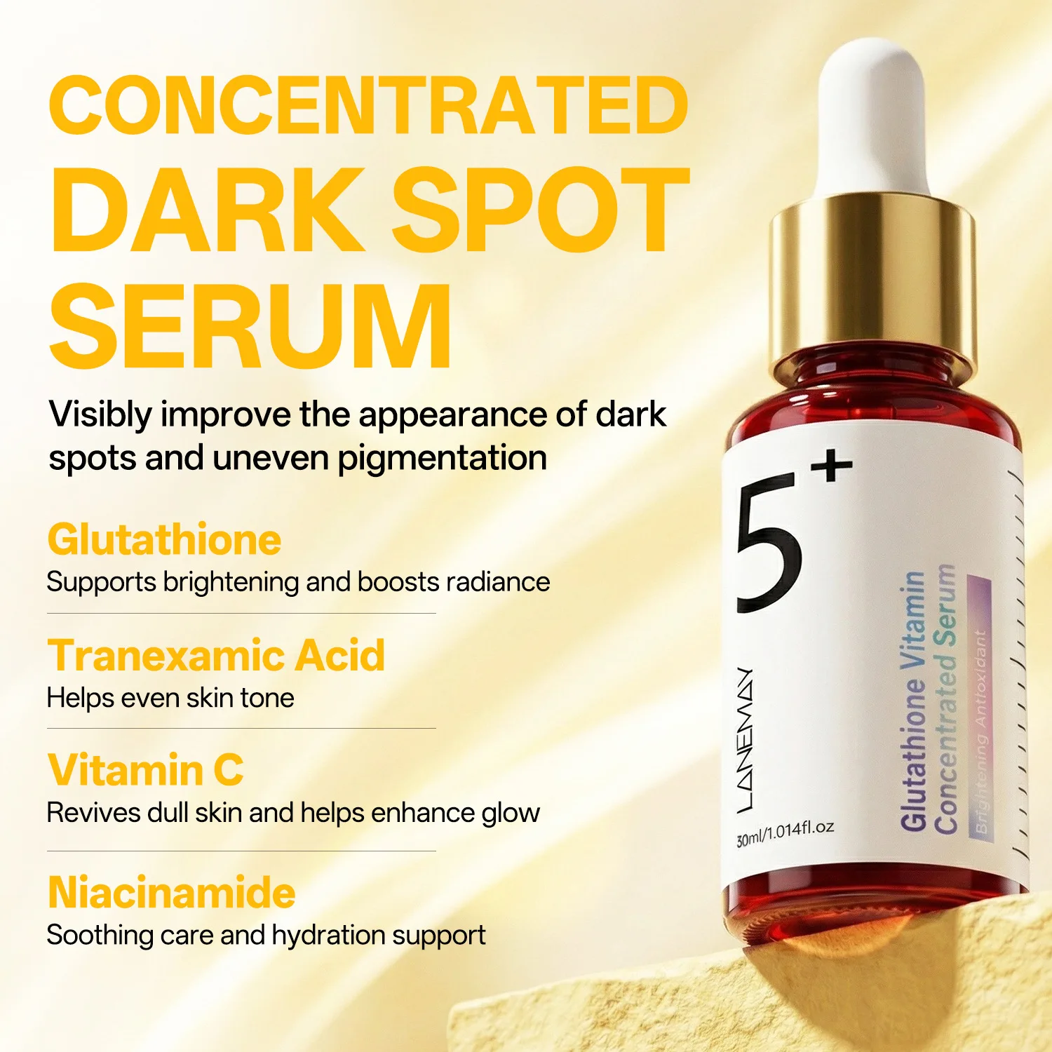 Glutathione Vitamin Concentrated Serum 5+ - Brighten, Glow, Radiance & Hydration - Antioxidant Dark Bottle Packaging.