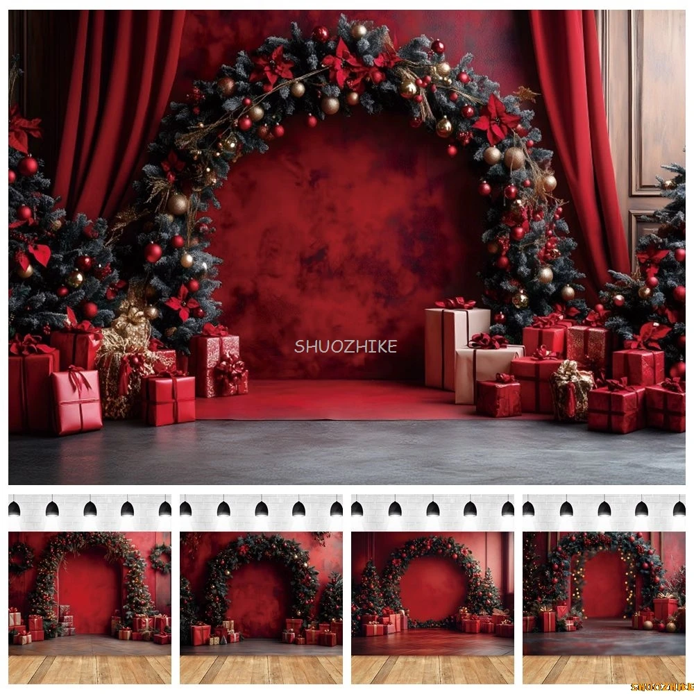 

Christmas Backdrop Vintage Red Wall Arch Wreath Baby Kids Portrait Family Christmas Party Portrait Photography Background Decor