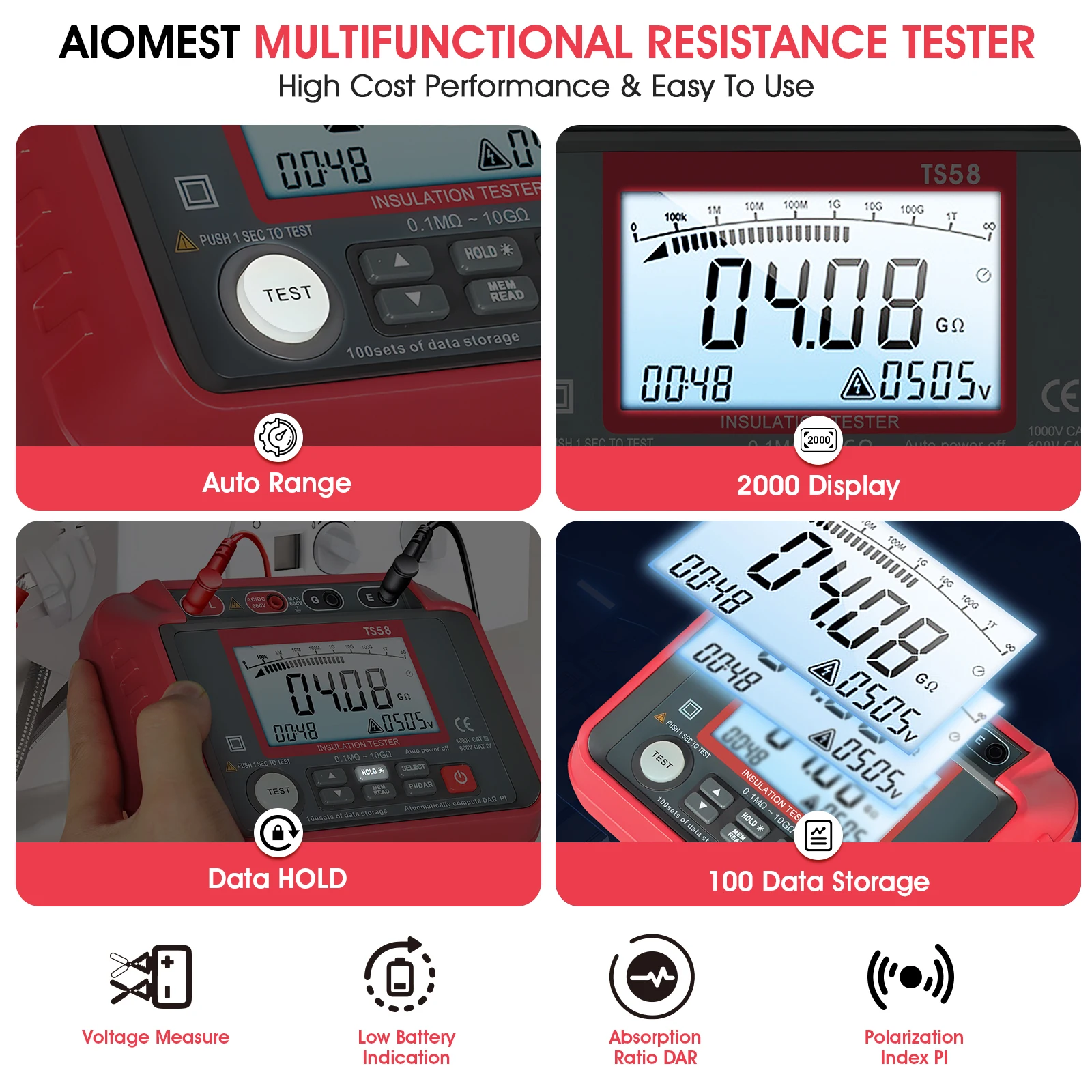 TS58 Digitaler Isolationswiderstandstester – 600 V AC/DC-Megohmmeter mit großem LCD, Bereich 0,1 MΩ bis 20 GΩ, perfekt für 250 V/500 V/