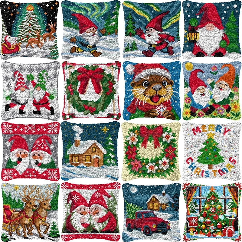 Embroidery Xmas Kits - DIY ラッチフック枕キット クリスマスノーム サンタ トナカイ柄 手作り刺繍クッションカバー