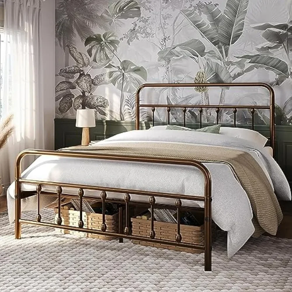 Classic Metal Platform Bed Frame Mattress Foundation with Victorian Style Iron-Art Headboard/Footboard/Under Bed Stora