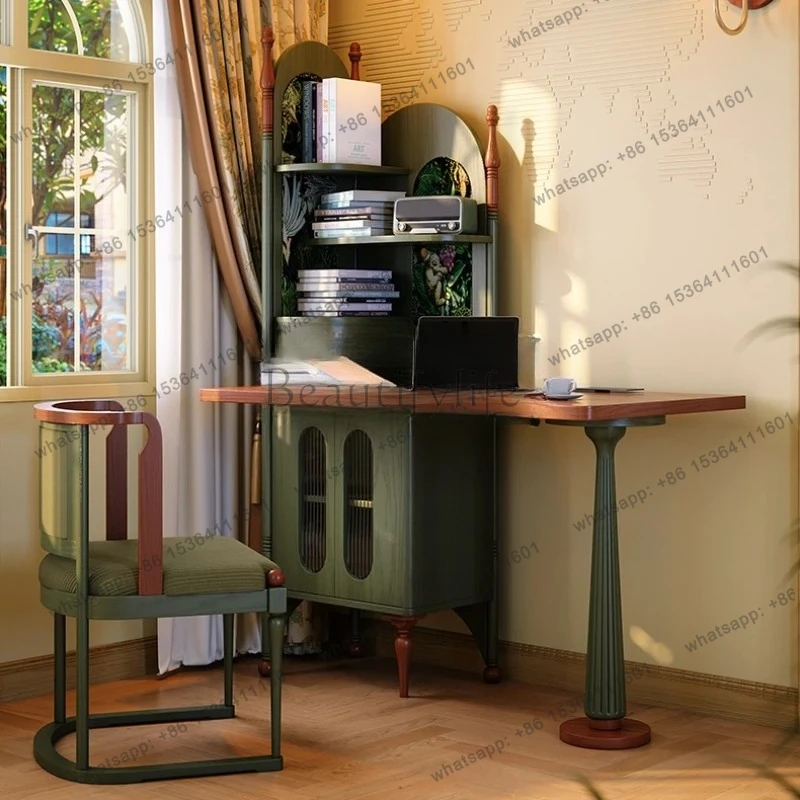 solid wood small apartment bedroom retro corner desk bookcase integrated antique corner computer desk