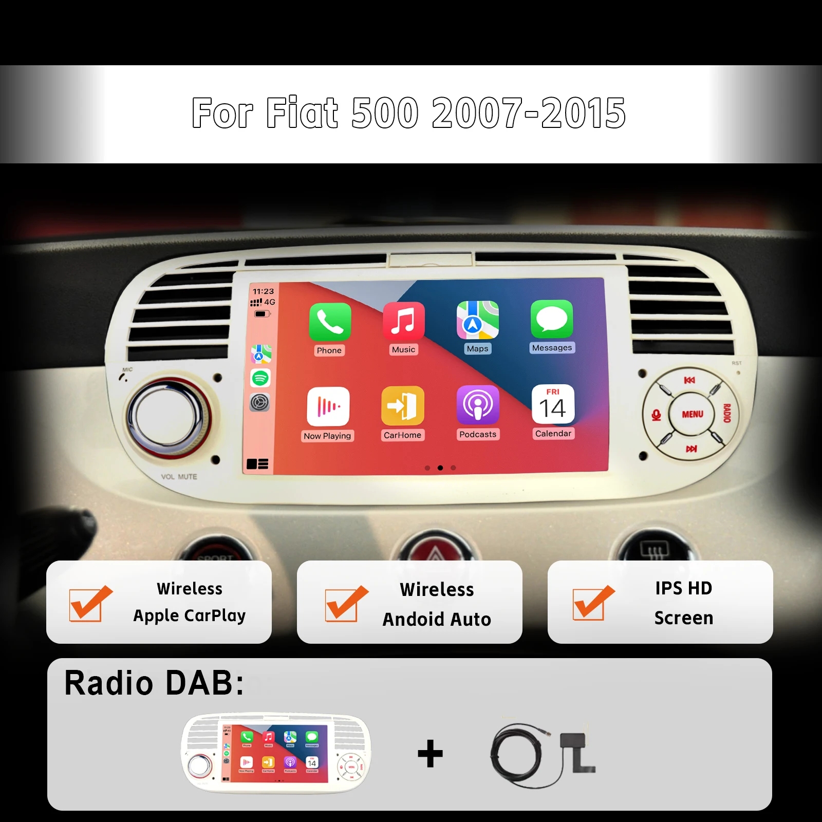 7 "Autoradio Met Draadloze Carplay Android Auto Swips Touchscreen High Power Dab + Ahd Achteruitkijkcamera Voor Fiat 500 2007-2015