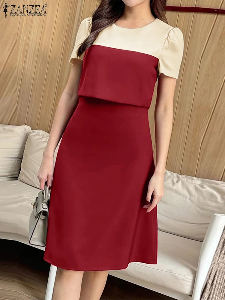 

ZANZEA Woman Fashion O-Neck Short Sleeve Knee-Length Dresses Contrast-Color Office Fake Two-Pieces Elegant A-line Robes Femme