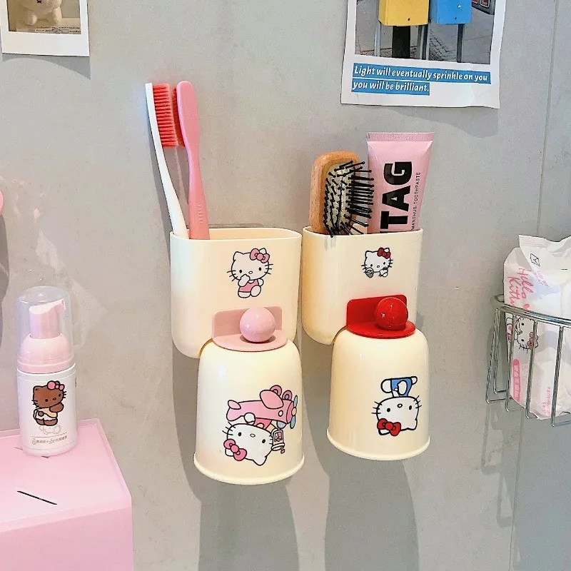 Japanese Sanrio Cartoon Magnetic Toothbrush Cup Wall Mounted No Drill Rack Kids Bathroom Storage Organizer Kawaii New Hot