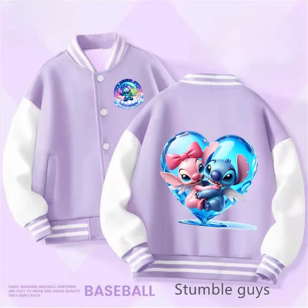 Boys and Girls 2-14 Years Old Spring Jacket Disney Princess Kids Baseball Stitch Cartoon Print Birthday Gift Casual Coat