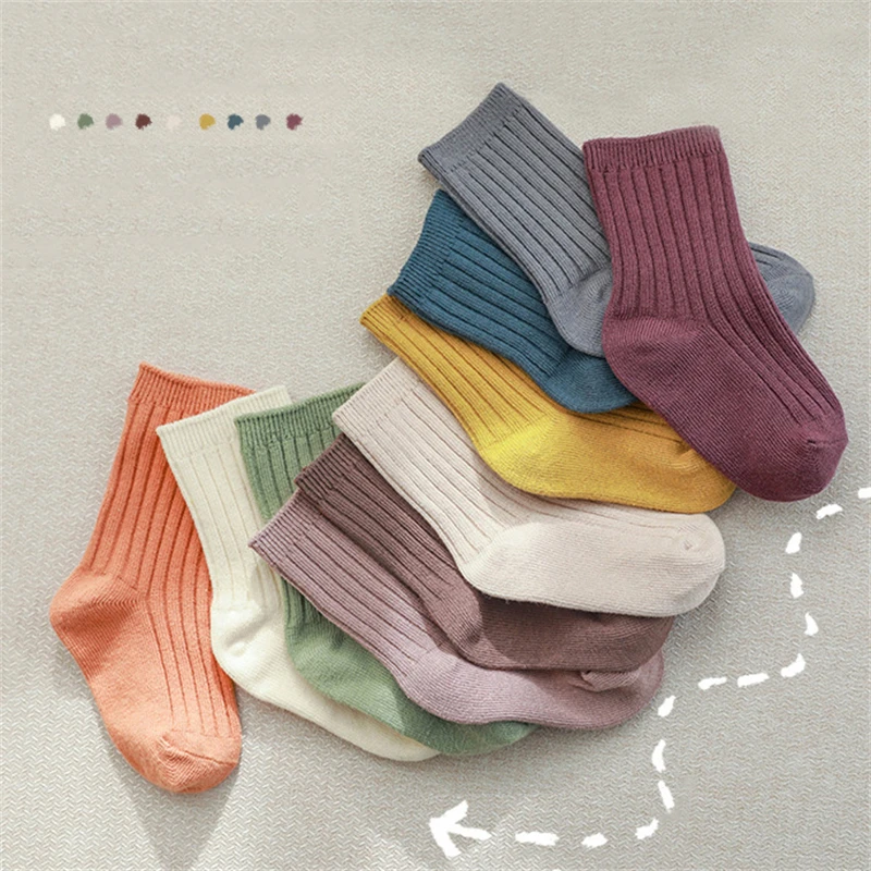 5 paires de chaussettes solides pour enfants, chaussettes décontractées pour bébés filles et garçons, en coton respirant, à rayures, tricotées, pour enfants de 1 à 8 ans, hiver