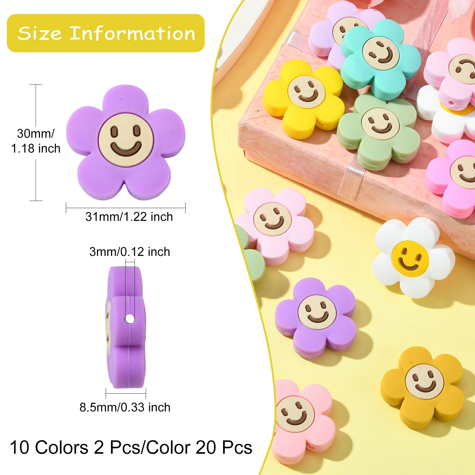 Pandahall 20Pcs Colorful Flower Silicone Focal Beads 30mm Flower Happy Face Loose Beads for Bracelet Necklace Making