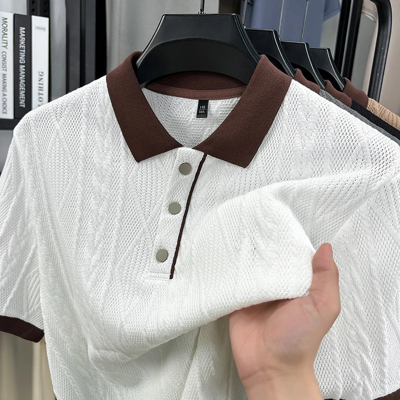 High quality knitted men's short sleeve polo shirt trend luxury retro jacquard summer comfort soft color blocked casual T-shirt
