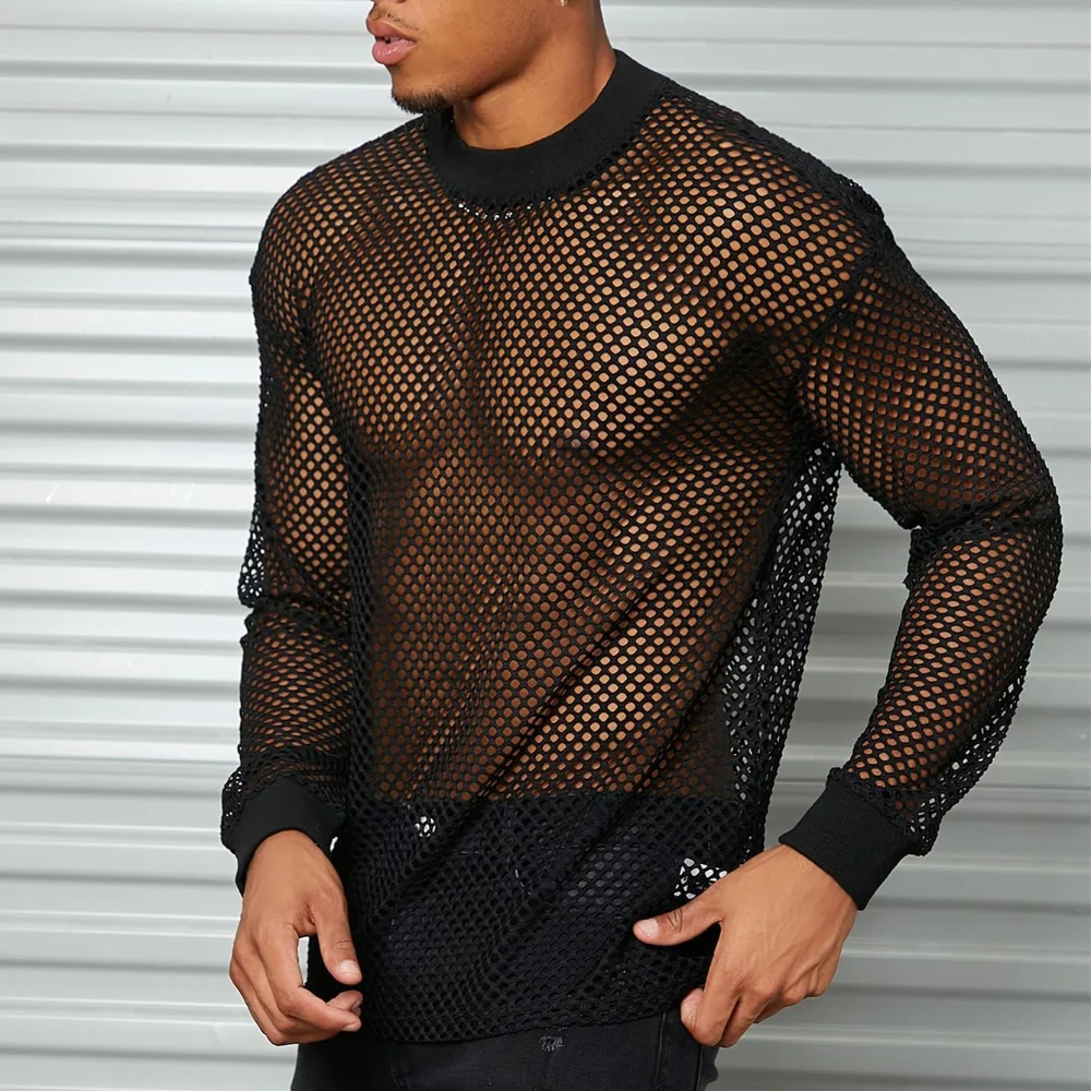 Men\'s T Shirts Mesh Long-sleeved Drop Shoulder Perspective T-shirt Sexy Nightwear Fitness Breathable Hollow-out Bottom Shirt