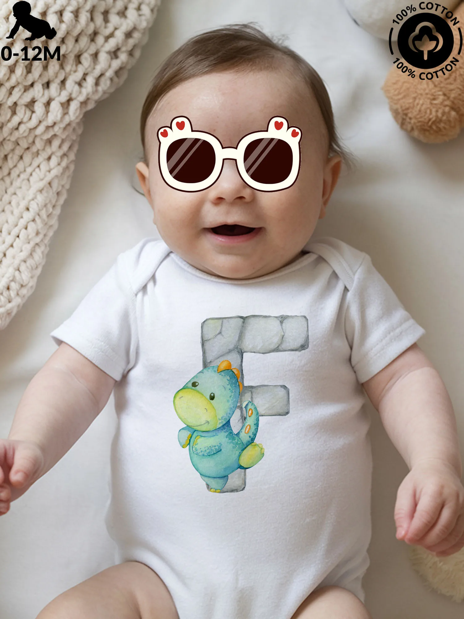

Watercolor Dino F Unisex Baby Crawling Suit, Pure Cotton Soft Onesie, All-Season Wear White Bodysuit 190GSM