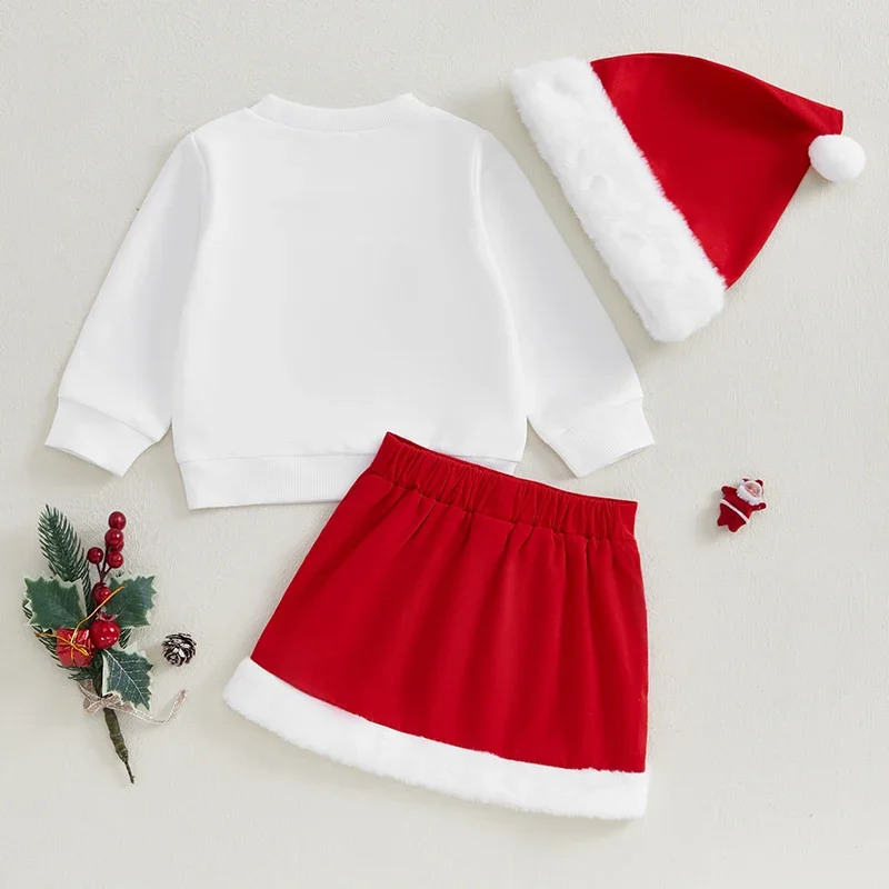 Kids Clothes Girls Christmas Outfit Long Sleeve  Letters Sweatshirt Patchwork Skirt and Hat  Xmas Children\'s Clothing