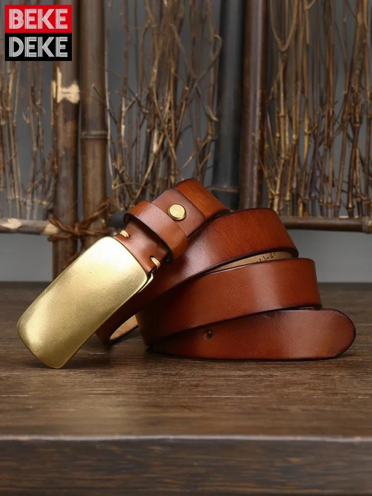 New Handmade Genuine Leather Waistband Male Vintage Solid Color Real Cowskin Smooth Copper Buckle Casual Mens Belt For Jeans