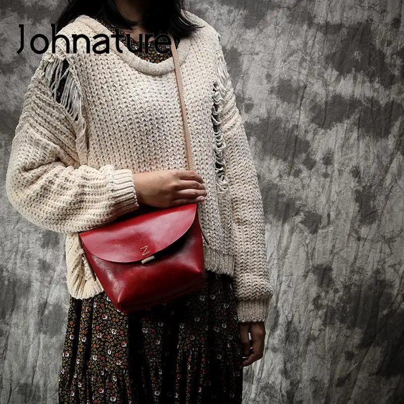 Johnature Simple Natural Soft Cowhide Women Bag 2024 New Vintage Genuine Leather Handmade Solid Color Shoulder & Crossbody Bags