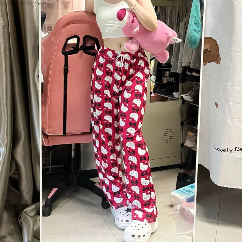 Sanrio Hello Kitty Cartoon Print Straight Casual Pants Women's Y2k Fashion Japanese Stylish Trousers High Waist Wide Leg Pants