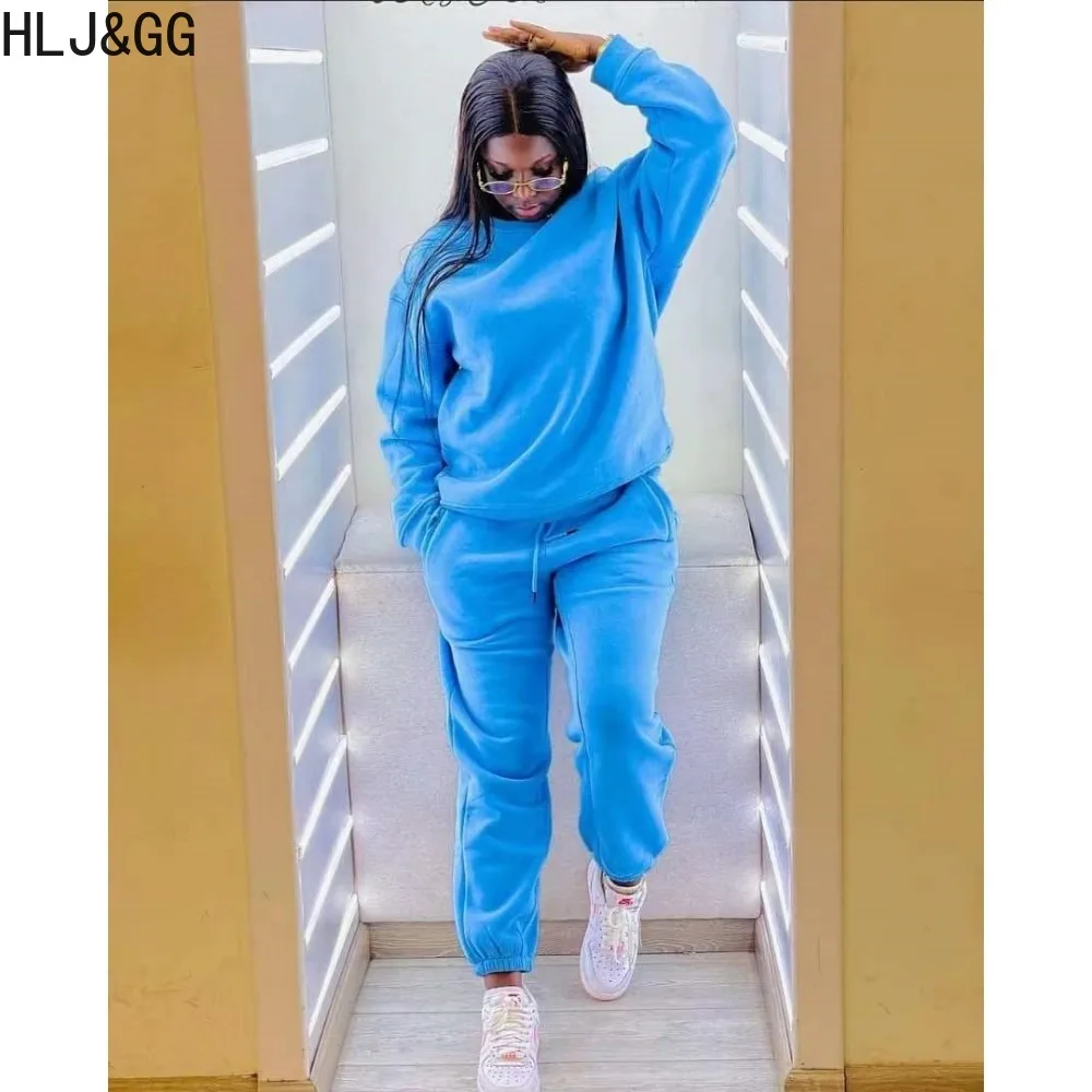 HLJ&GG Blue Fall Winter Solid Color Jogger Pants Tracksuits Women Round Neck Long Sleeve Pullover + Pants Two Piece Sets Outfits