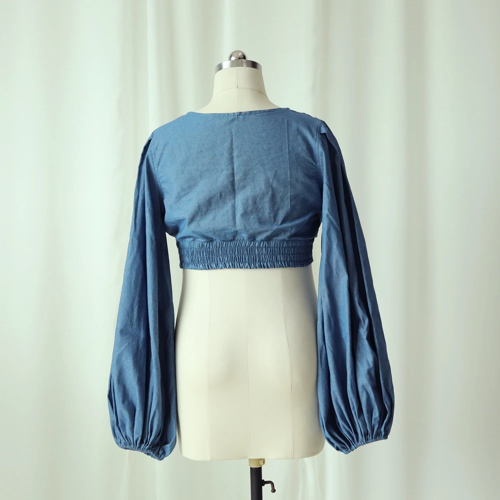 Denim Look Maternity Photography Top Lantern Sleeve Deep V Neck Pregnancy Crop Top Pregnant Women Photography Props