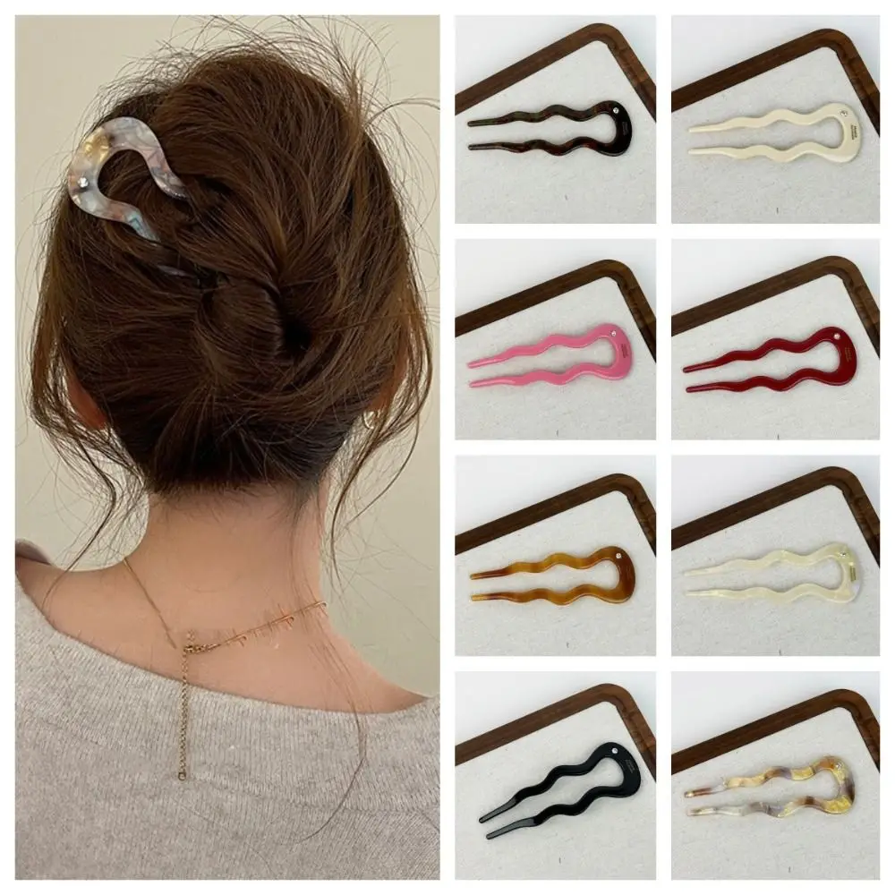 Strass coreano em forma de U ácido acético vara de cabelo para mulheres, elegante onda hairpin, garfo de cabelo, moda clipe Headwear, moda