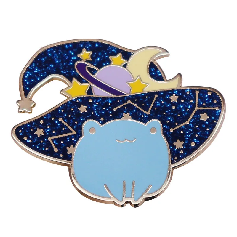 Niedliche Zauberer-Frosch-Emaille-Anstecknadel, glitzernde Sternenhimmel-Zaubererhut-Brosche, Rucksack- und Kleidungszubehör, Geschenke für Zauber-Enthusiasten – Detail 1