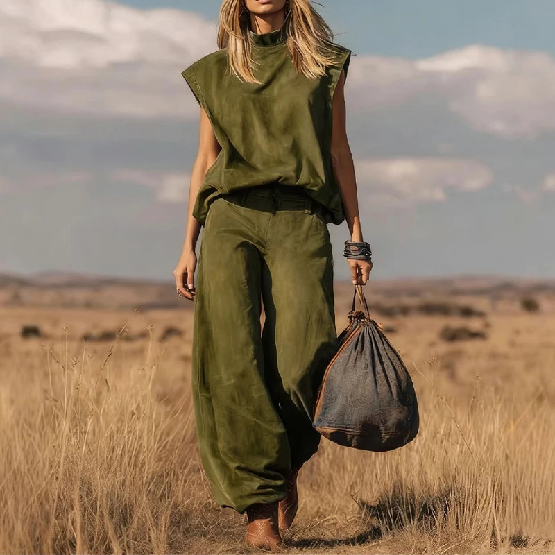 

Fashion Stand Collar Pullover Top & Long Pant Set Women's Casual Sleeveless Loose Outfits Elegant Street Velvet Solid 2Pc Suits