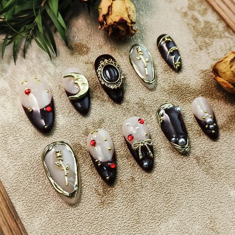 

10Pcs Handmade Dark Series Press On Nails - Gothic Dark Retro Style,, Easy To Stick And Reusable, Suitable For Wedding/Ball