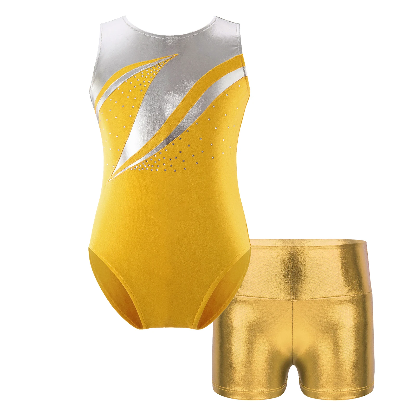 

Ballet Dance Costume Suit Kids Girls Metallic Sleeveless Patchwork Leotard +Shorts for Sports Gymnastic Figure Skating Workout