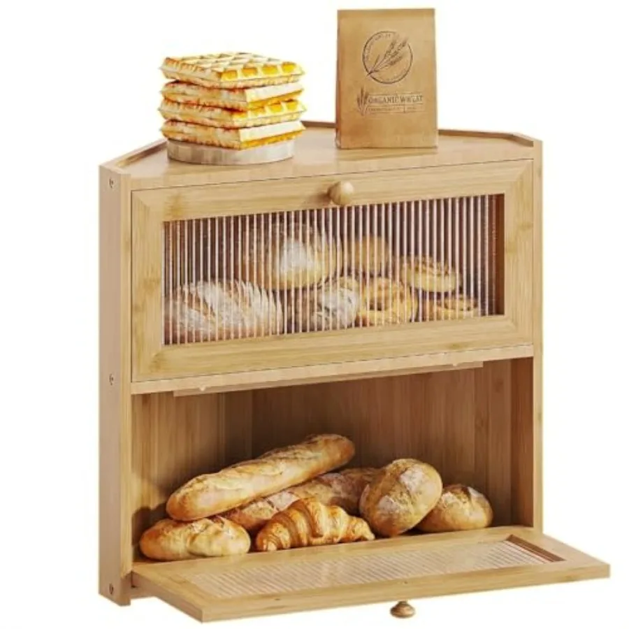 

Corner Bread Box for Kitchen Countertop Double Layer Bamboo Bread Storage Container with Wavy Windows Farmhouse Large Bread Bin