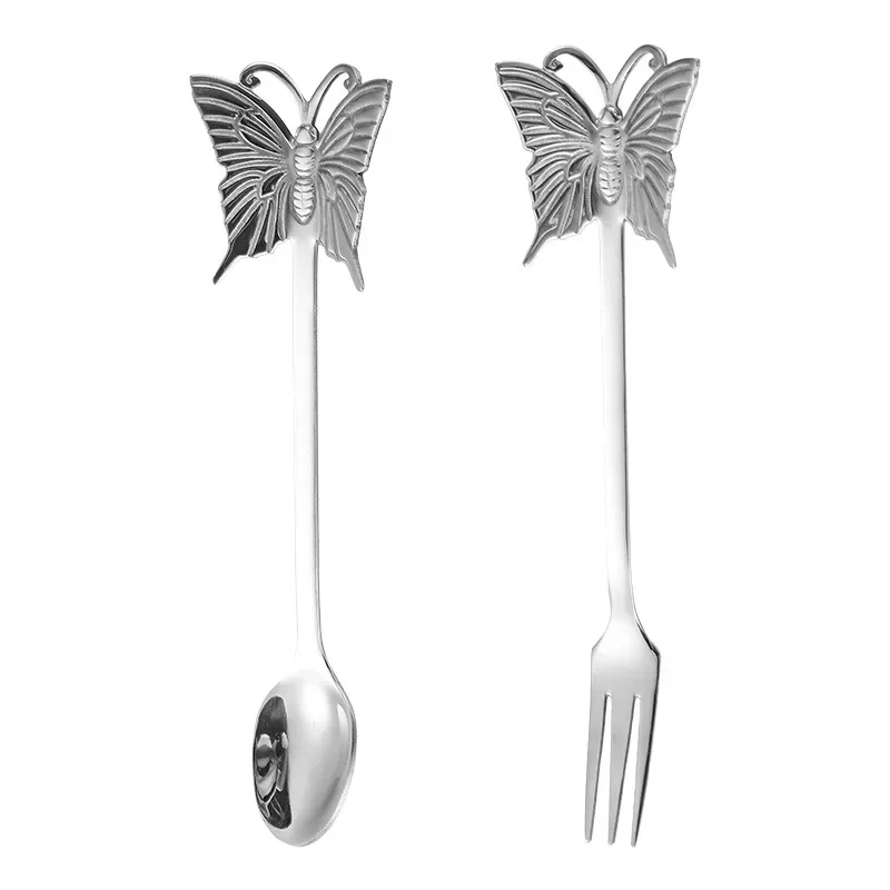 304 Stainless steel butterfly creative spoon and fork can hang coffee spoon gift spoon gold-plated dessert fork fruit fork