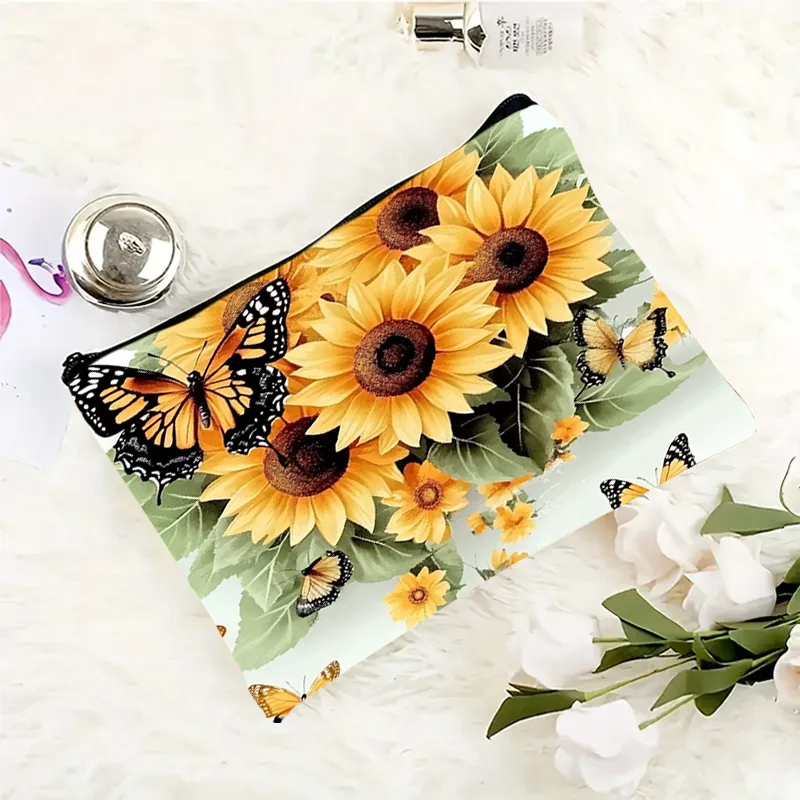 Cosmetic Bag Featuring Sunflowers And Butterflies, Vibrant And Lively, Double-Sided Print, Suitable for Vacations And Camping